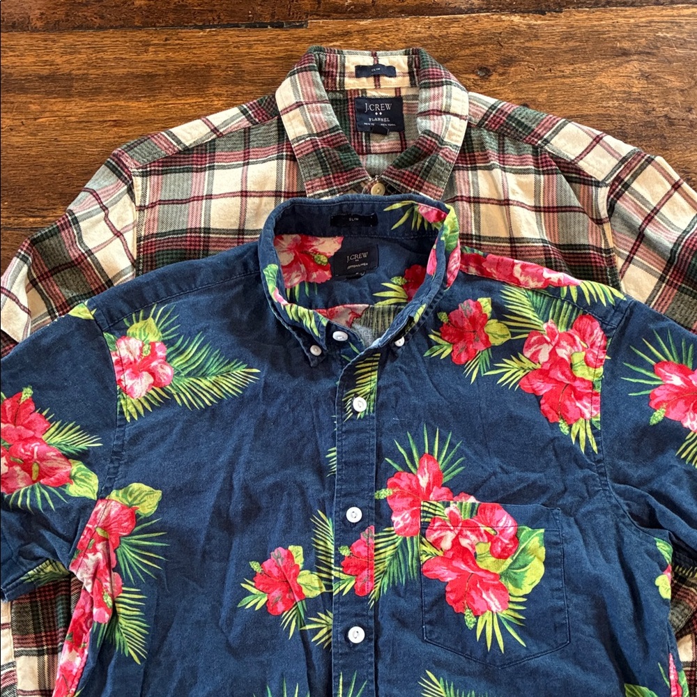 J. Crew Men's Floral and Plaid Shirt Duo - Blue and Multicolor